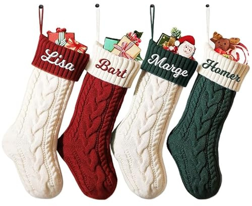 Vmhkjo Personalisierte Weihnachtsstrumpf mit Namen 46cm große gestrickte Nikolausstrumpf hängende Familie Weihnachtsstrümpfe für Kinder Weihnachtsdeko Party,Zopfmuster,4 PCS