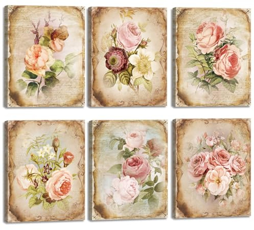 ANHUIB Stilvolles Blumen Poster Vintage Blumen Bilder Set Vintage Kunstdruck Wandbilder Retro Blumenbilder Aesthetic Bunt Bilder mit Rahmen für Wohnzimmer Schlafzimmer Esszimmer Wanddeko 20×25cm
