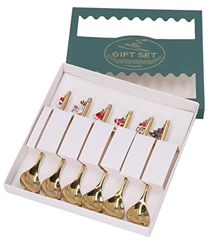 6 PCS Coffee Dessert Spoon Set, Espresso Spoons, Stainless Steel Tableware Creative Teaspoon, Coffee Teaspoon Ice Cream Mixing Stir Bar Ice Tea Spoon, for Dessert (Gold)