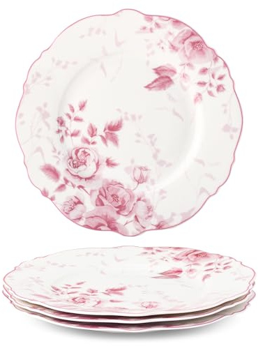 fanquare 21.6cm Pink Floral Dessert Plate Sets of 4 British Elegant Porcelain Snack Appetizer Dinner Plates Service Microwave & Dishwasher Safe