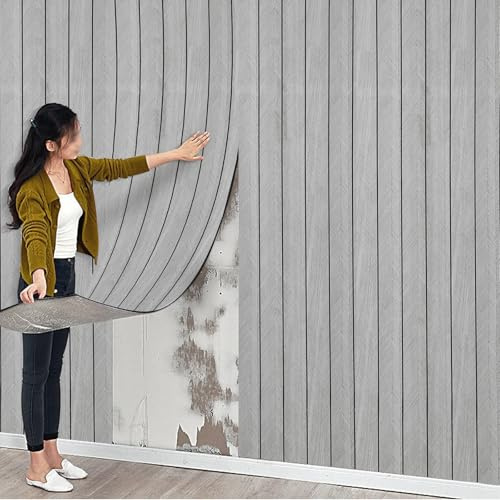 2Roll Thick Faux Wood Slat Wallpaper, Peel and Stick 3D Foil Insulation Self Adhesive Wall Panels Wallpaper Grey Sound Absorbing Wooden Slats for Bathroom, Bedroom, Kitchen, Living Room 40cm*3m