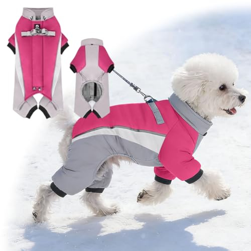 Hunde-Wintermantel, Ganzkörper-Abdeckung, warmer Fleece-Hunde-Schneeanzug mit integriertem Geschirr, wasserdicht, winddicht, Welpenpuffer mit 4 Beinen, reflektierend, Rollkragen, kaltes Wetter, Rosa