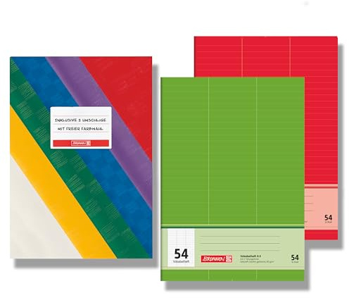 BRUNNEN Vokabelheft A4 Doppelpack, 32 Blatt mit 3 Spalten Lineatur 54 Schulheft + zusätzlichem farbigem Umschlag für Englisch, Französisch, Spanisch, Latein