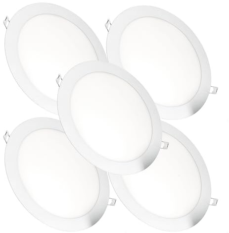 JANDEI – Confezione da 5 faretti LED da incasso rotondi, 18W, 1500 lumen, extrapiatti 13 mm, foro di montaggio Ø200-205 mm, con trasformatori inclusi (bianco caldo 3000k)