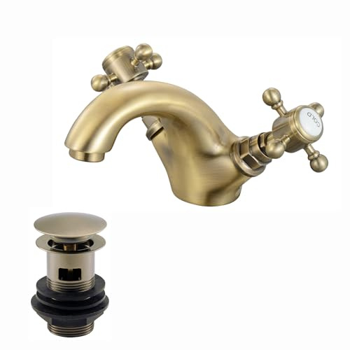 ENKI BBT0138 Camberley Slotted Traditional Basin Mixer Tap, Antique Brass | Solid Brass, Easy Install, Fittings Included, Cloakroom Tap, Single Lever, Modern Bathroom