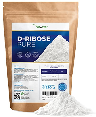 D-Ribose Pulver - 320 g - 80 Tagesportionen mit 4 g (2,6 Monate Vorrat) - Natürlich aus Fermentation - Laborgeprüft - Rein & ohne Zusätze - Hochdosiert - Naturbelassen - Vegan