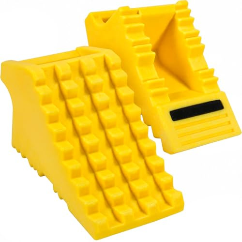 MaxxHaul High Visibility Poly Foam Wheel Chock 2-Pack | 8 x 4 x 4 Lightweight Tire Stop | Slip-Resistant Rubber Base | Built-in Handle | Safety Yellow (50503)