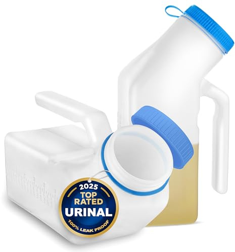 Male Urine Bottles 2 Pack (35 oz), Portable Urinals for Men Spill Proof Nighttime, Pee Bottles for Men with Screw-On Lid, Travel Urinals for Seniors with Easy-to-Read Measurement Lines