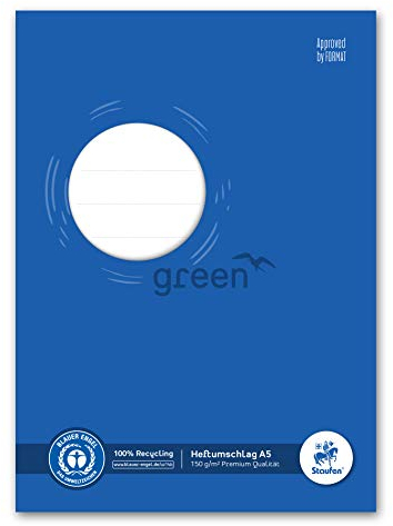 Staufen Ursus Heftumschlag mit Beschriftungsfeld, 10 Stück, DIN A5, 150g/m² Recyclingpapier, Schutz für Schulhefte, Farbe blau, Green