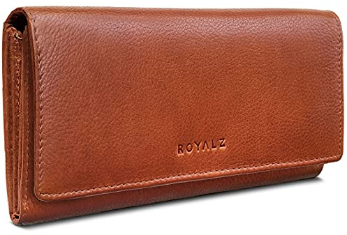 ROYALZ 'Lucia' Vintage Leder Damen Portemonnaie Groß RFID Schutz - Geldbörse mit Reißverschluss viele Fächer 11 Kartenfächer Brieftasche Querformat, Farbe:Texas Braun