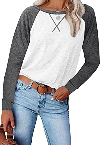 Yming Frauen Langarm Mode Baseball Tops Rundhalsausschnitt Gestreifter Pullover Casual Loose Fit Tunika Shirts Weiß M