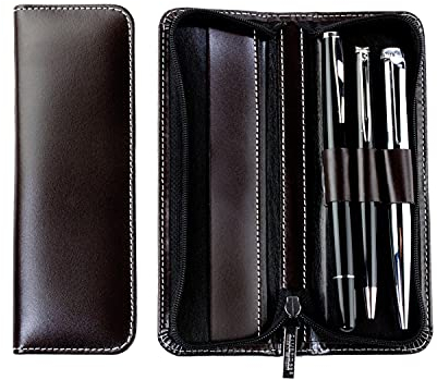 DELMON VARONE - Schreibgeräteetui Cambridge Top Grain Leder Braun - Echtleder Stifte-Etui mit Reißverschluss für 3 Schreibgeräte - Federmäppchen Federtasche für edle Kugelschreiber, Füller oder Stifte
