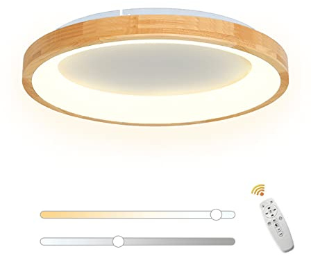 VOMI Deckenleuchte Holz 50cm LED Deckenlampe Dimmbar mit Fernbedienung | Moderne Runde Holz Lampe Deck 36W für Schlafzimmer Kinderzimmer Wohnzimmer Büro