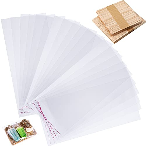Yexiya 400 Pcs Ice Lolly ticks and Bags Set, 300 Pcs Self Adhesive Clear Plastic Bags and 100 Pcs Disposable Wooden Sticks for Summer Party Supplies DIY Making Ice Cream Molds, 4.49 In, 8.27 x 3.15 In