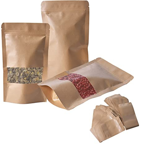 Pinsheng Sachet Zip Kraft Thé Pochette 100 Pièces Fenêtre Marron Sac Épices (12 * 20cm)