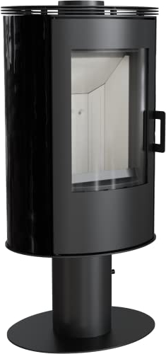 KRATKI AB Holzbefeuerter Innenofen Freistehend auf einem Bein BImSchV 2-konform 8 kW Thermischer Wirkungsgrad 78% Stahl und Fliesen Schwarz Drehfunktion 110 x 52 cm