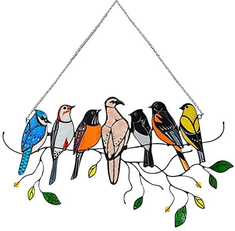 Jetisva Stained Glass Window Hangings Double Sided 7 Multicolor Bird Ornaments Hanger on a Branch Gifts for Bird Lover Metal Suncatcher for Window Home Garden Outdoor Wall Fence Decorations
