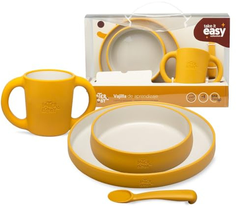 Juego de Vajilla Bebe Interbaby | Set Vajilla Infantil 5 Piezas Plato Llano, Bo, Cuchara, Tenedor y Vaso Antigoteo Aprendizaje | Apta para Microondas y Lavavajillas, Mayores de 6 Meses