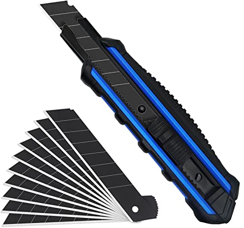 MANUFORE 18mm Premium Cuttermesser, Cuttermesser Profi aus Aluminium mit 10 SK5 Schwarze Abbrechklingen, Blaues Teppichmesser mit Gummigriff zum Schneiden von Papier, Teppich, Karton