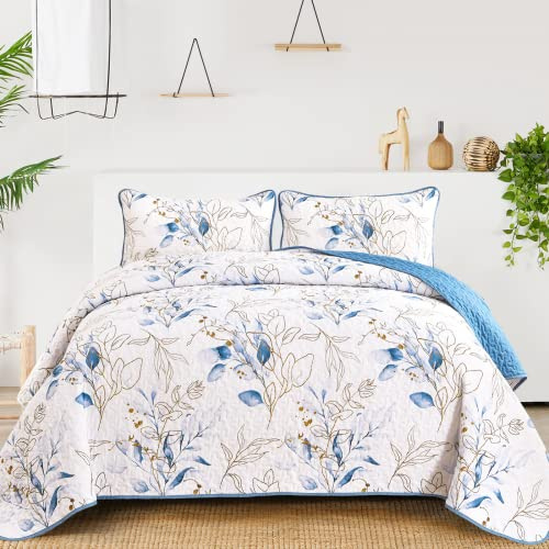 Anibedding Botanical Quilt Set Full, 3 Pieces Reversible Elegant Blue Leaves Pattern Bedspread Coverlet Soft Microfiber Bed Cover for All Season(90×78)