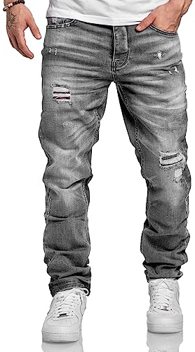 Amaci&Sons Herren Jeans Regular Straight Fit Denim Hose Destroyed 7984 Grau (Patches) W34/L32
