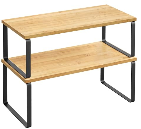 SONGMICS Gewürzregal, 2er Set Küchen-Organizer, Küchenregal, Schrank-Organizer Küche, erweiterbar, kleines Regal, stapelbar, Metall und Holzwerkstoff, tintenschwarz-naturbeige KCS200B01