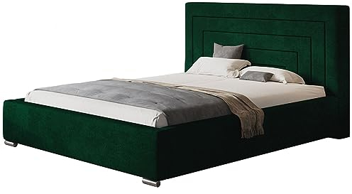 AlpiMeble Polsterbett Nizza mit Kopfteil, 160x200 cm, Doppelbett mit Bettkasten und Lattenrost aus Holz, Velourstoff Grün