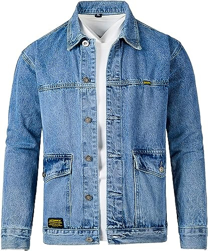Vagbalena Chaqueta vaquera deportiva para hombre chaqueta de trabajo Vintage chaqueta holgada vaquera Biker de transición chaqueta delgada de manga larga Casual para fiesta (Azul,S)