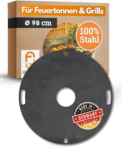 Feuerfest 123 Grillplatte rund I Ø 98cm I Feuerplatte aus Feinkorn-Stahl I Massive Plancha-Platte mit 4mm Stärke I Grillaufsatz für Feuerschale, Feuertonne, BBQ-Grilltonne & Kugelgrill