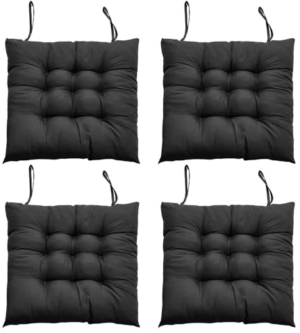 DKIEI Seat Pads for Dining Chairs Set of 4, 40 x 40cm Comfortable Dining Chair Cushions, Kitchen Chair Cushions with Ties for Garden Living Room Garden Office Patio, Black