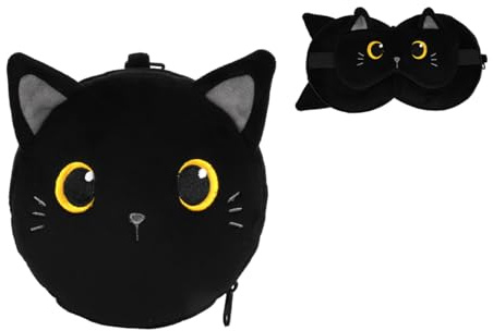 I-TOTAL ® Kudde med sovmask, återförslutningsbar kudde med resekrok (svart katt)