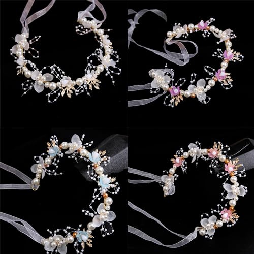 4 Stück Blumenstirnband,Blumen und Perle Strass Blumen-Haarbänder,Haarschmuck Kommunion,Braut Blumenkranz,Hochzeits Haarschmuck Kopfschmuck für Damen und Mädchen,Hochzeit,Party,Weiß+Rosa+Blau+Lila