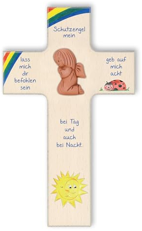 Fritz Cox Kinderkreuz mit Engel 'Schutzengel mein lass mich dir befohlen sein' | mit handgefertigtem Engel | ein wunderschönes Geschenk für Kinder, Mädchen und Jungen | 20cm