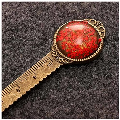 Lesezeichen 1 stücke Kreative Retro Bronze Runde Bookmark 10cm Lineal Vintage Metall Bunte Blumenglas Edelsteine als Buchseitenmarkierung Lesezeichen aus Metall (Size : Red)