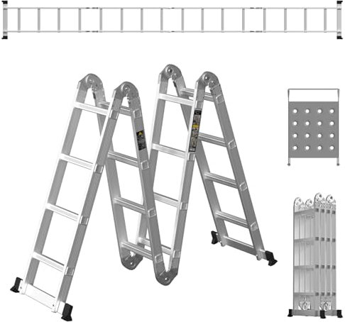 4.7M Multi Purpose Combination Ladder, 15.4FT Aluminum Extension Ladder with Anti Slip Pad and Free Platform, Max Load 150kg/330lb, 4 x 4 Folding Steps, for Indoor and Outdoor Work