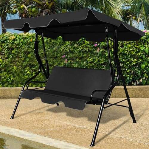 SFAREST 3 Seater Swing Chair, Steel Frame Swing Bench Swinging Lounger with Adjustable Canopy, Outdoor Swinging Cushioned Seat Bench for Garden Patio (Black)