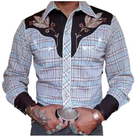 SHINROAD skjorta retro skjorta herr vintage västerländsk cowboy tryck smal passform långärmad skjorta, BLÅ, L