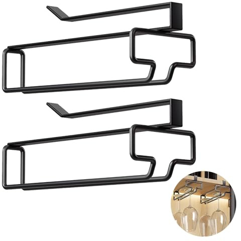 2PCS Supports de Verres à Vin Suspendus, Porte-Verres Sans Perçage, Accroche Verre pour Etagère en Métal, Support de Rangement de pour Verres à Pied, Convient à Cuisine, Café, Bar, Restaurant (Noir)