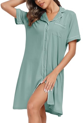 Wikoan Camicie da Notte Donna in Cotone, Camicia da Notte Allattamento Scollo a V Camicie Corta Bottoni Davanti Camicie da Notte Donna,Verde Chiaro,M