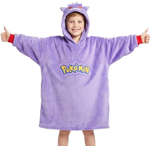 Pokemon Pikachu Hoodie Blanket for Kids Teenagers, Fleece Wearable Blanket Gengar Charizard Psyduck Scorbunny, Warm Oversized Hoodie, Anime Gifts (Purple Gengar Cushion)