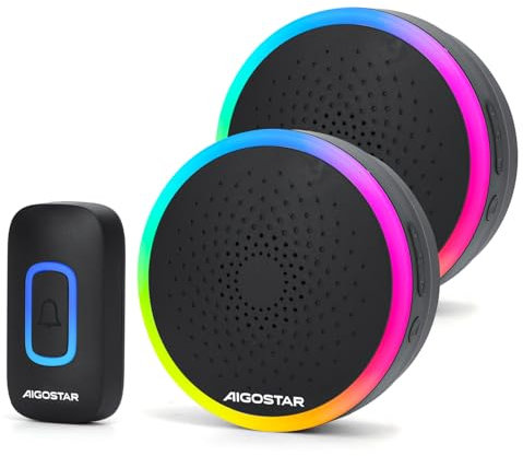 Aigostar campanello senza fili, Campanello Wireless Impermeabile IP55 da Esterno, Campanello Wireless RGB, Portata 150M, 5 Livelli Volume 60 Melodie, Nero, 1 Trasmettitore+2 Ricevitor