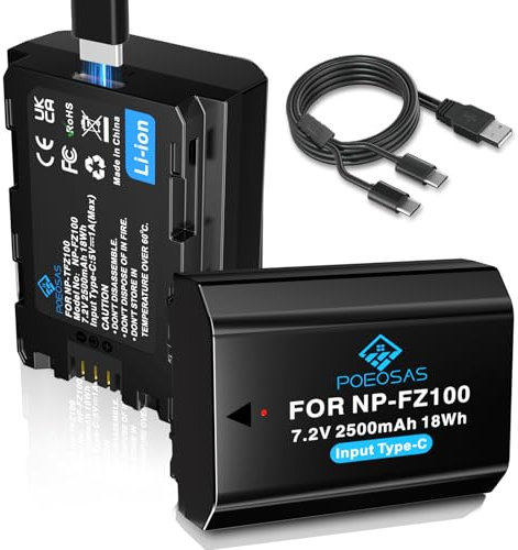 NP-FZ100 USB-C Direktladefähige Ersatzakkus 2500mAh für Sony ZV-E10 Alpha A6000 A6500 A6300 A5100 A7II A7RII A7SII A7S A7S2 A7R A7R2 A3000 A33 A35 A37 A55 RX10 NEX5 Kamera (2 Akkus)
