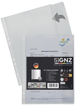 SIGNZ Portadocumentos A4 con solapa, para archivar, DIN A4, lateral abierto, extrafuerte, 120 my, granulado, 10 unidades, CO2 neutro, fabricado en Alemania