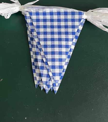 Festone decorativo a quadretti in tessuto di cotone blu e bianco, 16 metri, a quadretti, a quadretti, bandierine per picnic, compleanno, baby shower, decorazioni