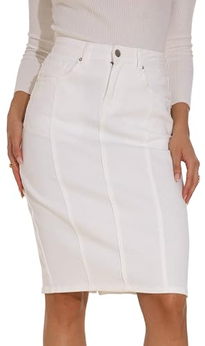 GUANYY Jeansrock für Damen, hohe Taille, Knielang, schmale Passform, Bleistift-Stretch-Jeansrock, 3_Weiß, X-Groß