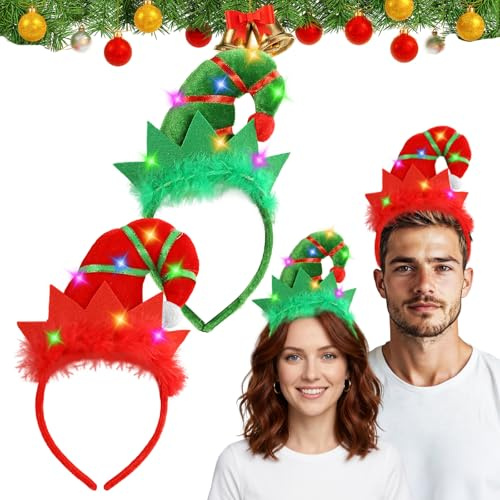 2 Stück Weihnachts Kopfschmuck,Weihnachten Stirnbänder,Haarreif mit LEDs,Leuchtende Haarreif,Weihnachtsmütze Kopfbedeckung Rentier Geweih Haarreifen,Weihnachtsstirnband Rot Grün für Erwachsene