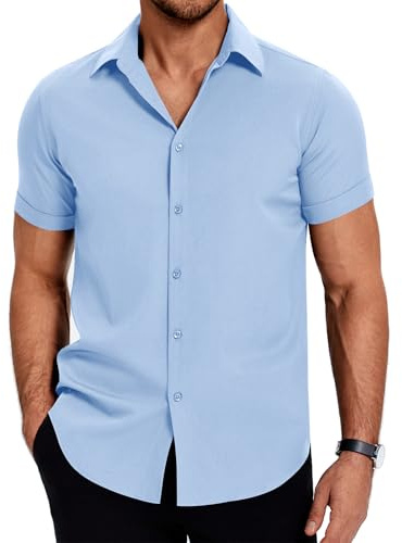 COOFANDY skjorta män kortärmad fritidsskjorta fläckskydd affärsskjorta sommarskjortor casual kortärmad skjorta enfärgad, Ljusblå, M