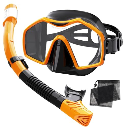 Keephigher Snorkeling Gear for Adults,Dry-Top Snorkel Mask Set with Tempered Glass,Anti-Fog & Anti-Leak Panoramic Swim Mask,Adjustable Snorkel Kit with Carry Bag for Scuba Diving,Swimming,Travel