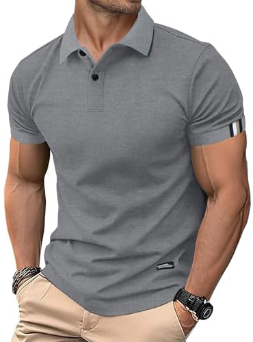 HMIYA Herren Poloshirt Kurzarm Männer Sommer Knopfleiste T-Shirts Basic Golf Polohemd,Grau,L