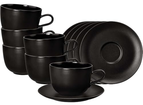 Seltmann Weiden Liberty Velvet Black Milchkaffeetassen mit Untertassen 6er Set, 400 ml, Tassen-Untertassen-Set mit schwarzem Finish, Spülmaschinen- und Mikrowellenfest, Porzellan, Schwarz